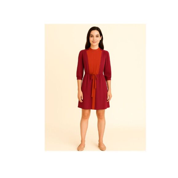 Fossil Rebecca Silk Shirtdress M Maroon Burgundy Colorblock Tie Waist - Picture 8 of 11